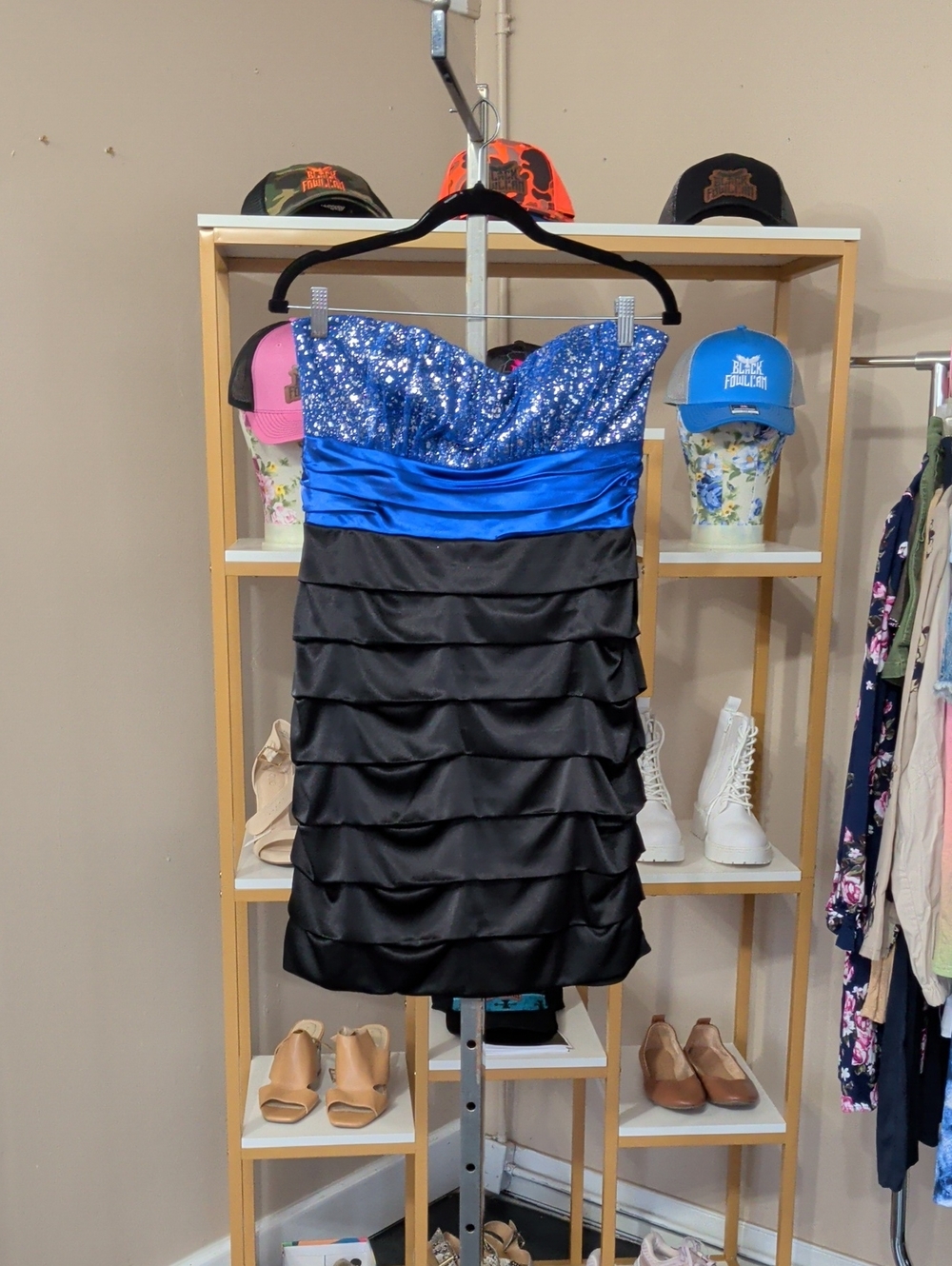 Blue Glitter Strapless Party Dress with Black Tiered Skirt